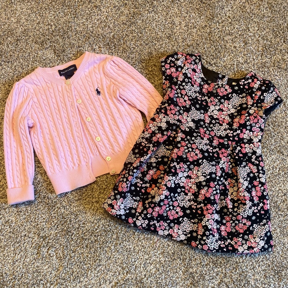 Bundle Toddler Floral Dress and Pink Cardigan Sweater 18-24 Months